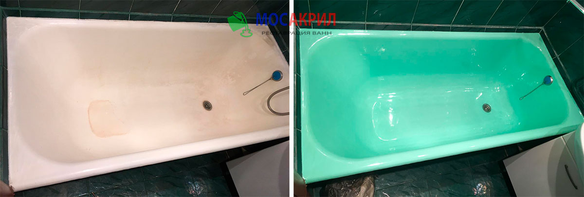 Реставрация ванны цветным акрилом до и после зеленый цвет